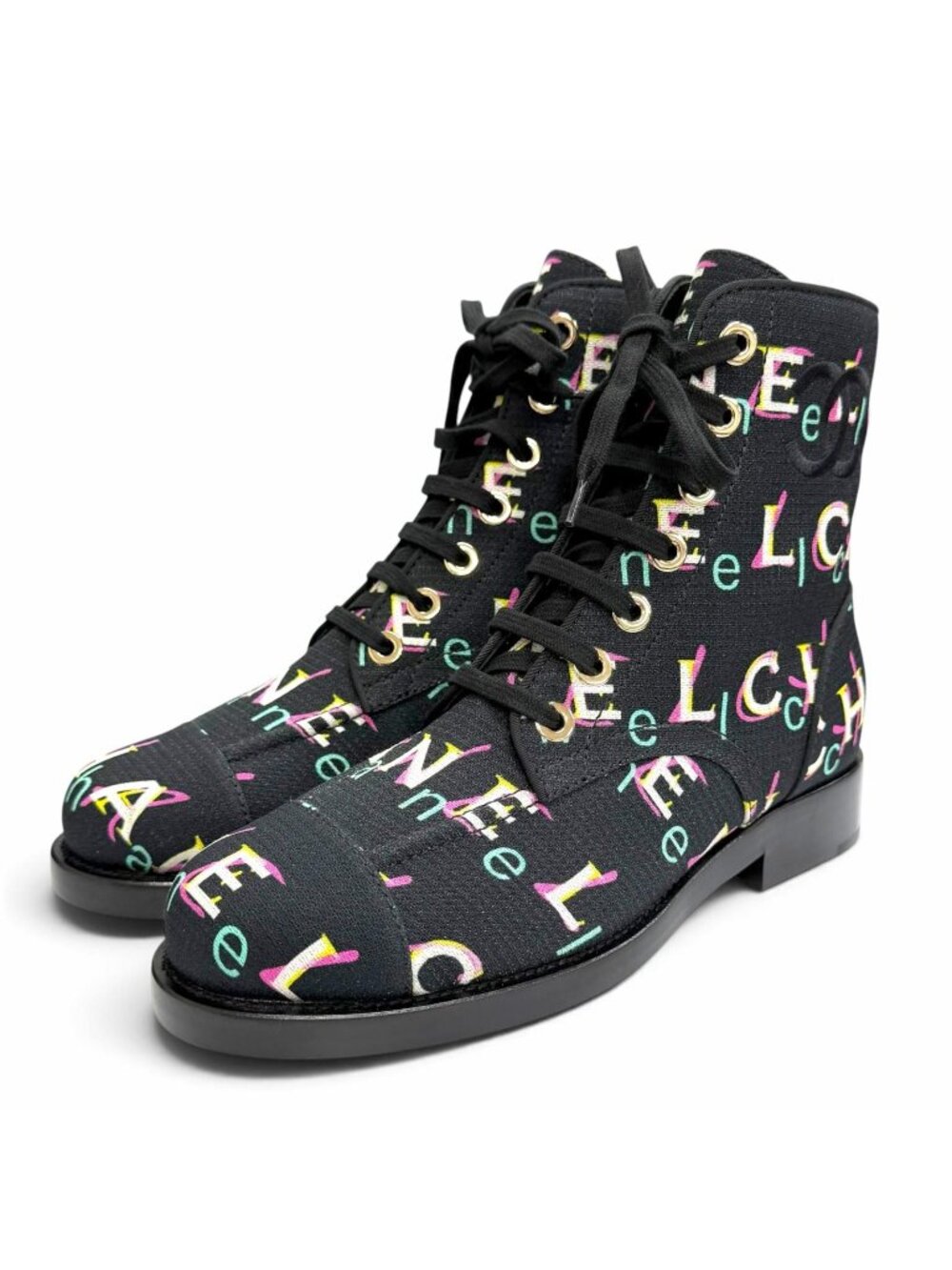 Chanel CC Logo All Over Print Canvas Lace-up Ankle Boots Short Black